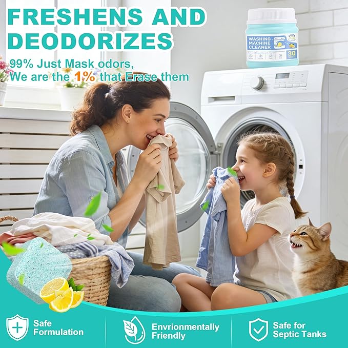 Washing Machine Cleaner Tablets, 30 Pack Deep Cleaning Pods for Front ＆ Top Loader, Natural Formulared for Pet Owners, Heavy Duty, Septic Safe, Over 12 Month Supply, 15G, Blue
