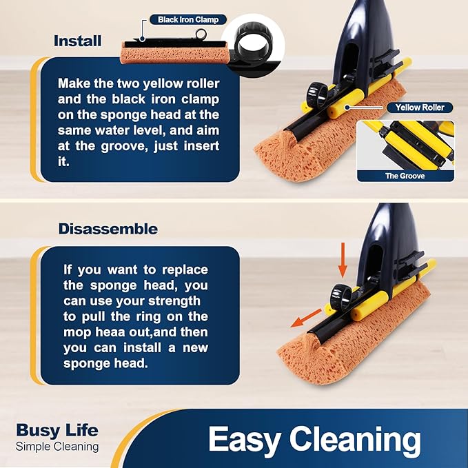 Yocada Sponge Mop Home Commercial Use Tile Floor Bathroom Garage Cleaning Total 2 Sponge Heads NOT 3 Telescopic Handle Squeegee from 42.5 to 52 Inches Easily Dry Wringing only 2 Heads