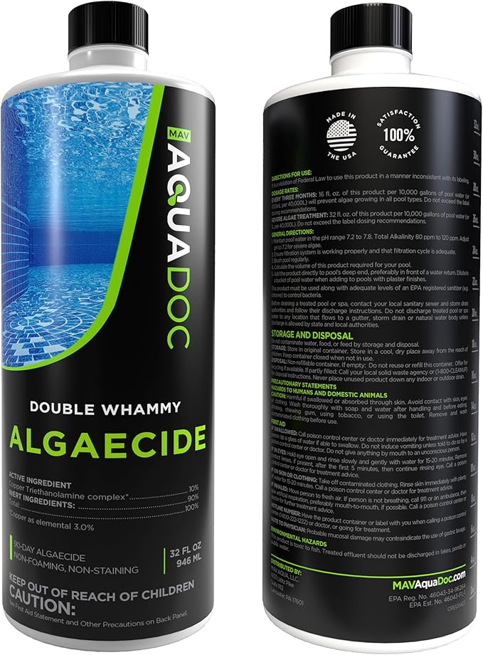 Copper Pool Algaecide for Swimming Pool - 90 Day Algaecide for Inground Pool to Prevent and Remove Pool Algae - Super Algaecide for Pool Opening - AquaDoc 32oz