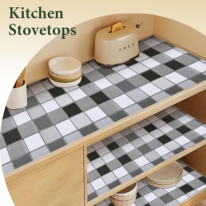Drawer and Shelf Liner for Kitchen Cabinet: 12 in X 30 Ft Non Slip Waterproof Shelf Paper Non Adhesive Refrigerator Liners Gray Mosaic Easy Liners for Bathroom