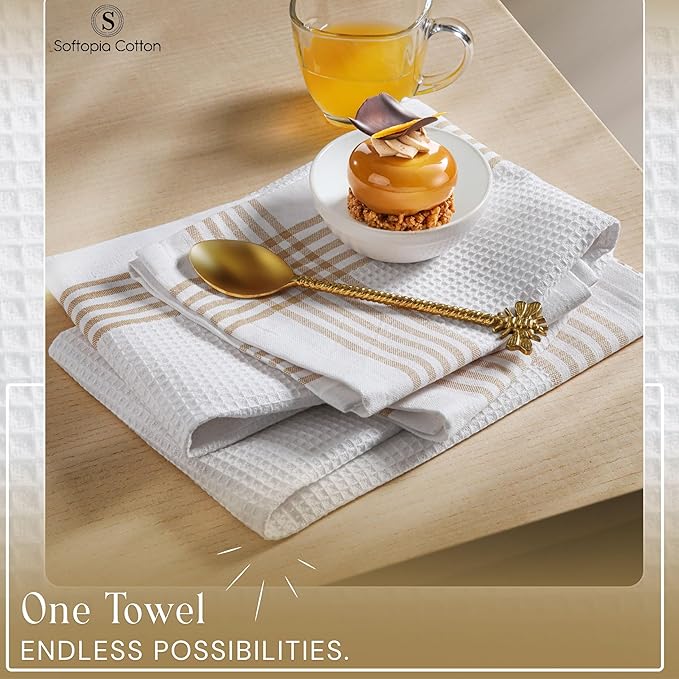 Waffle White & Beige Kitchen Dish Towels 4 Pack, 100% Cotton, 16x26 inches, Durable Dish Cloths Set, Quick Dry Kitchen Rags, Everyday Use Cooking and Cleaning Hand Towels, Bar Towel