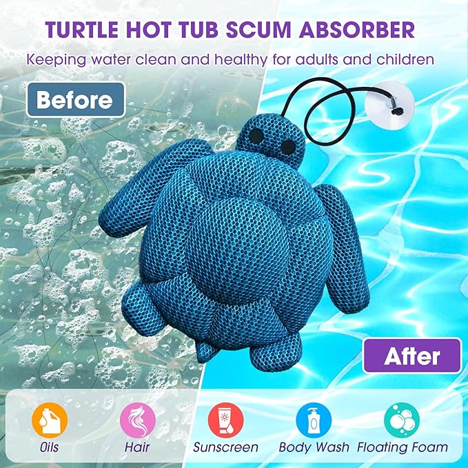 Hot Tub Scum Absorber Accessories for Spa, Turtle Scumbug Skimmer for Hot Tub Pool, Reusable Oil Absorbing Remover Cleaner Sponges for Adults Keeps Your Hot Tub Water Clean