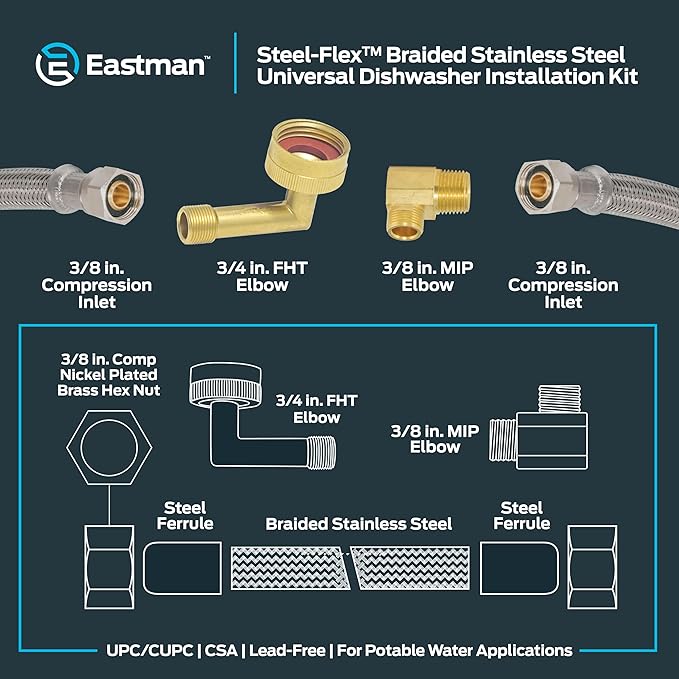 Eastman 8 Ft. Dishwasher Installation Kit, Braided Stainless Steel Supply Line with 3/8 Inch Compression Ends, 41059