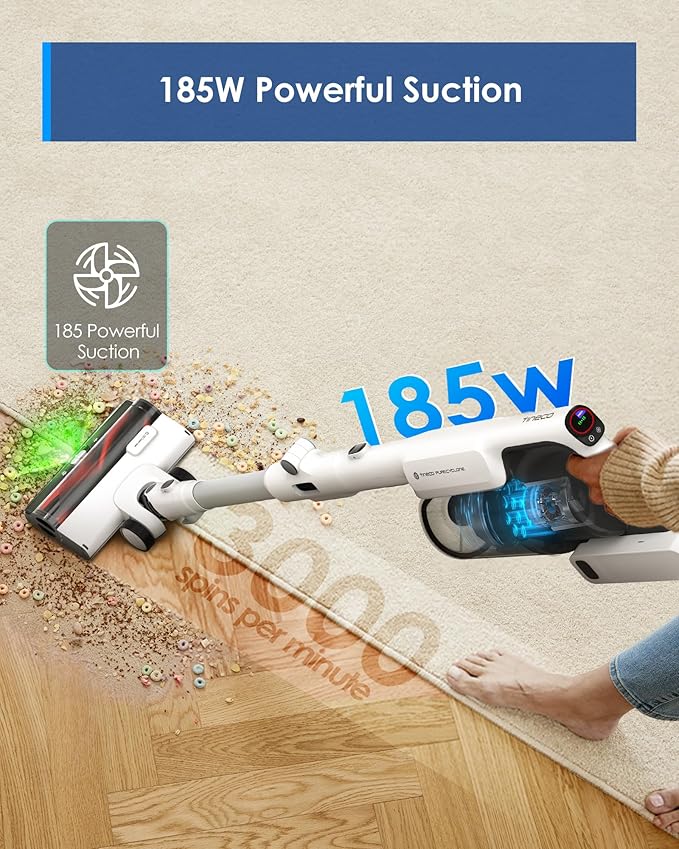 Tineco Pure ONE A50S Cordless Stick Vacuum Cleaner, 185AW Suction,1L Larger Dustbin, 3DSense Power Brush, 90° Bendable Tube, Tackles Large Debris, Stick Vacuum Cleaner for Pet Hair,Carpet & Hard Floor