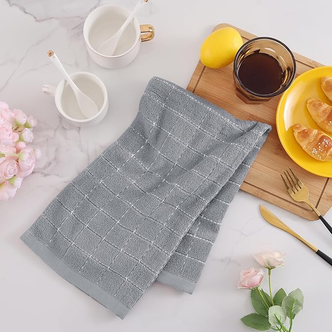 Mordimy 100% Cotton Terrycloth Kitchen Towels and Dishcloths Sets, Soft and Absorbent Checkered Dish Towels, Quick Drying Dish Rags for Washing Dishes, 4 Pack 12" x 12" & 4 Pack 12" x 12", Light Grey