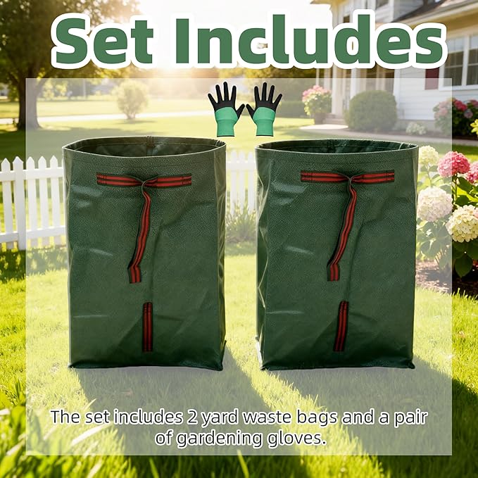 2-Pack 53-Gallon Reusable Yard Waste Bags with Gloves– Heavy-Duty Dustpan-Style Lawn & Garden Bags with Handles, Foldable, Standable Leaf Collector for Leaves, Grass, Branches, and Outdoor Debris