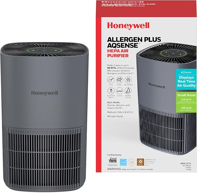 Honeywell AllergenPlus HEPA Air Purifier for Home, 530 Ft² Rooms in 1 hour, 3-in-1 Filter, Compact Design, Auto Mode, Reduces Allergens, Dust, Pollen, Smoke, Pet Dander, Odors, Grey, HPA125V