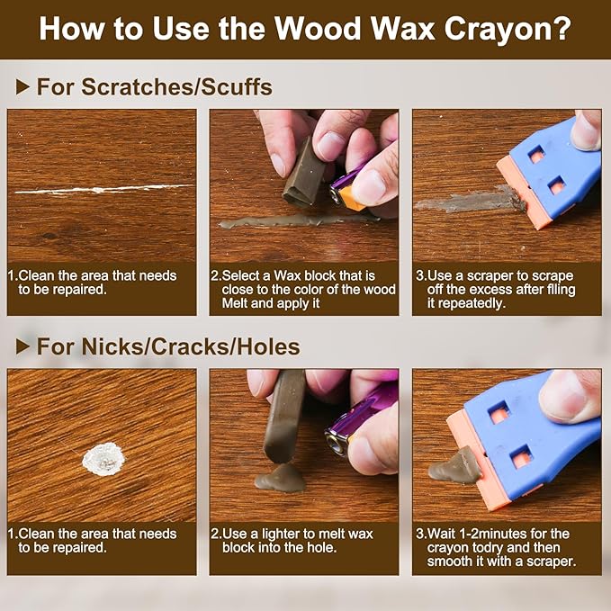 Wood Filler Sticks - 6 Colors Hardwood Floor Scratch Repair Kit, Upgrade Laminate Floor Repair Kit, vinyl wood Floor Repair Kit, Furniture Wood Crayons for Scratche Nail Holes Floors Cabinets Doors