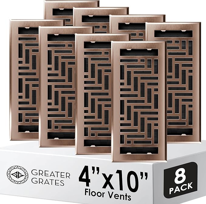 Floor Register 4x10 Vent Cover – 8 Pack – Heavy-Duty Steel, Rustproof & Walkable Grates, Drop-in Install, Adjustable Air Supply Switch - Decorative Herringbone Design, Satin Bronze