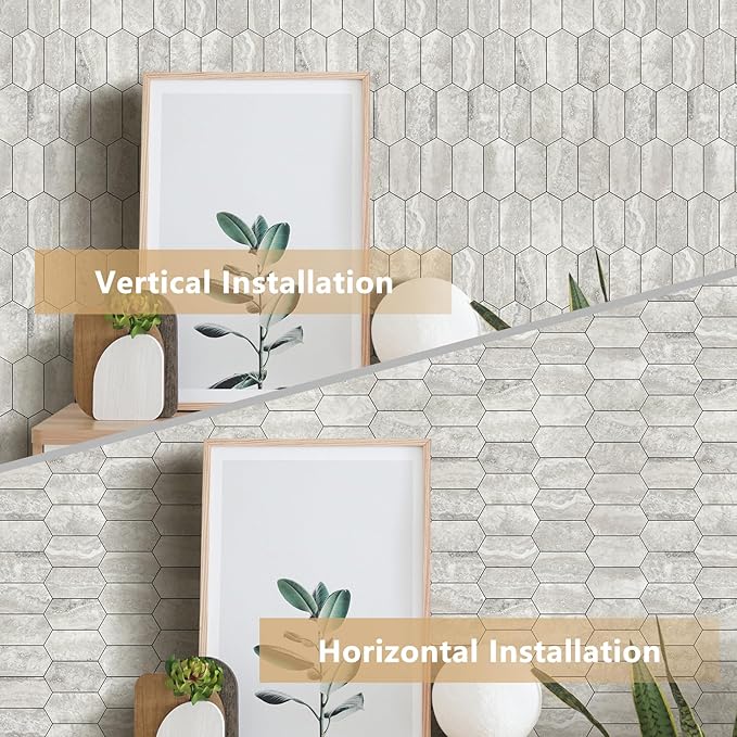 Vamos Tile Long Hexagon Peel and Stick Backsplash Tile - 10 Sheets Stick on Backsplash for Kitchen and Bathroom 12.4 x 12 Inch Beige Slate Look PVC Self Adhesive Mosaic Wall Tiles
