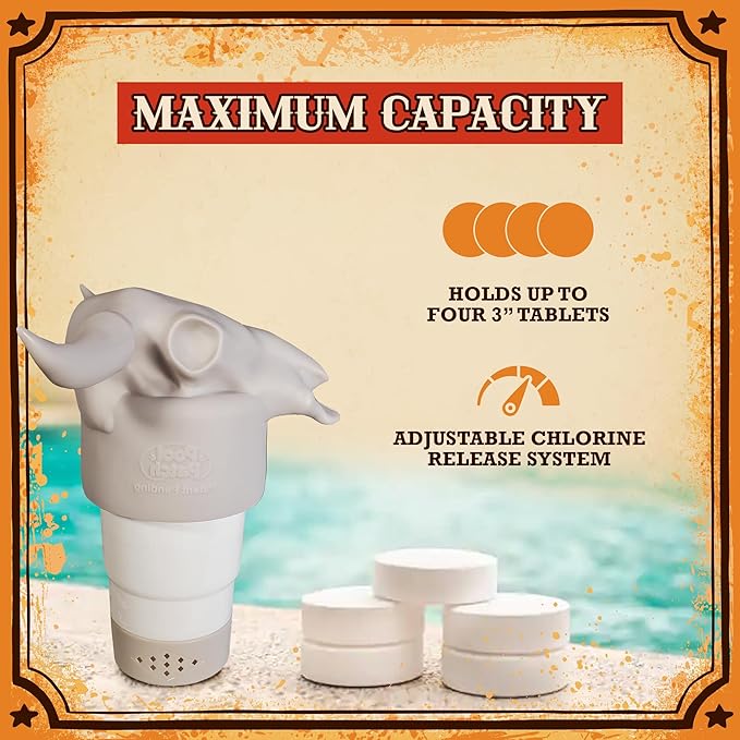 Cow Skull Floating Pool Chlorine Dispenser - Large Capacity Floater for 3'' Tabs, Adjustable Flow, Unique Added Buoyancy, Weather Durable PP & ABS