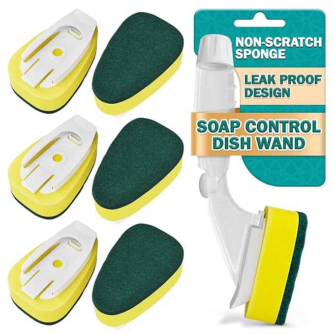 Dish Wand with Soap Dispenser - Dish Sponge with Handle for Quick Dishwashing, High-Density Non-Scratch Cellulose Head, 7 Sponge Refills Included - Leak-Proof Design for Clean & Easy Soap Control