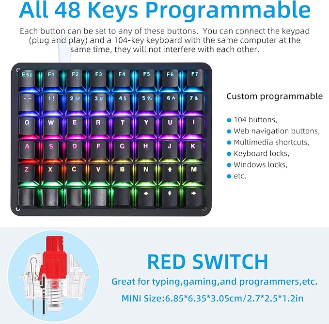 Koolertron One Handed Mechanical Gaming Keyboard, 48-Key Fully Programmable Mini Keypad, Mini USB Macro Keyboard with RGB LED Backlit, for Windows PC Gamer