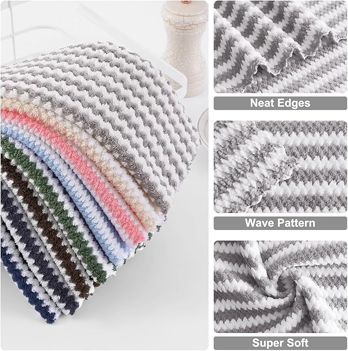 Homaxy 24 Pack Kitchen Dish Cloths, Ultra Soft and Absorbent Dish Towels, Reusable Fast Drying Microfiber Cleaning Cloth, Coral Velvet Wave Design No-lint, 10 x 10 inches, Grey