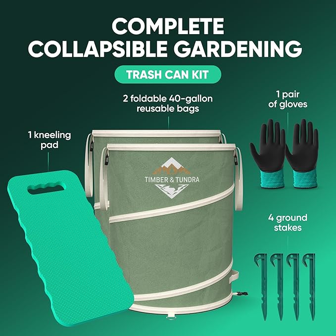 Timber & Tundra 40-Gallon Collapsible Trash Can Set of Two with Stakes, Gardening Gloves and Kneeling Pads | Pop Up Trash Can for Camping