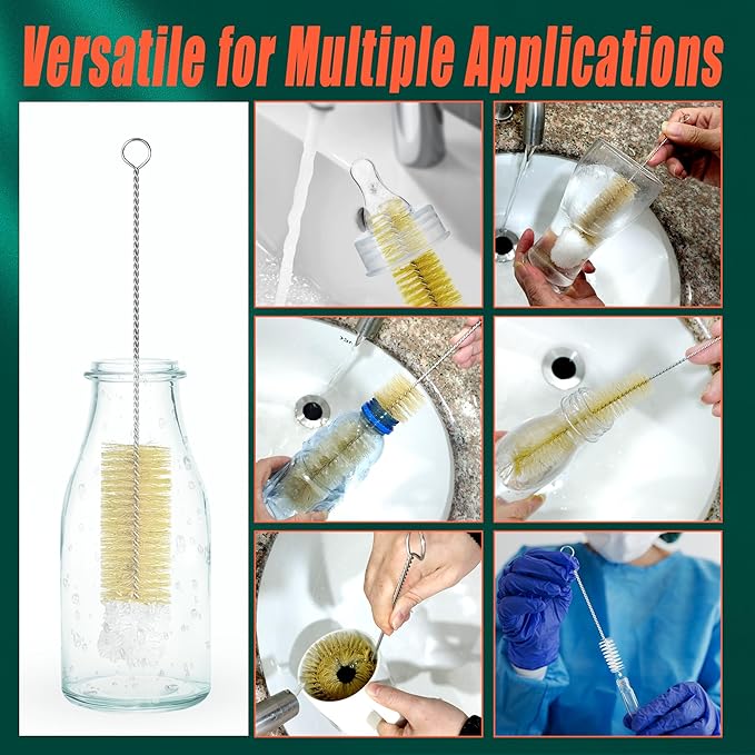9-Pack Thin Long Handle Bottle Brushes, Stainless Steel Wire Cleaners with Boar Bristle & Wool Tip, Flexible Narrow Neck Cleaner for Wine Bottles, Tubes, Straws, Pipe, Hose & Decanter