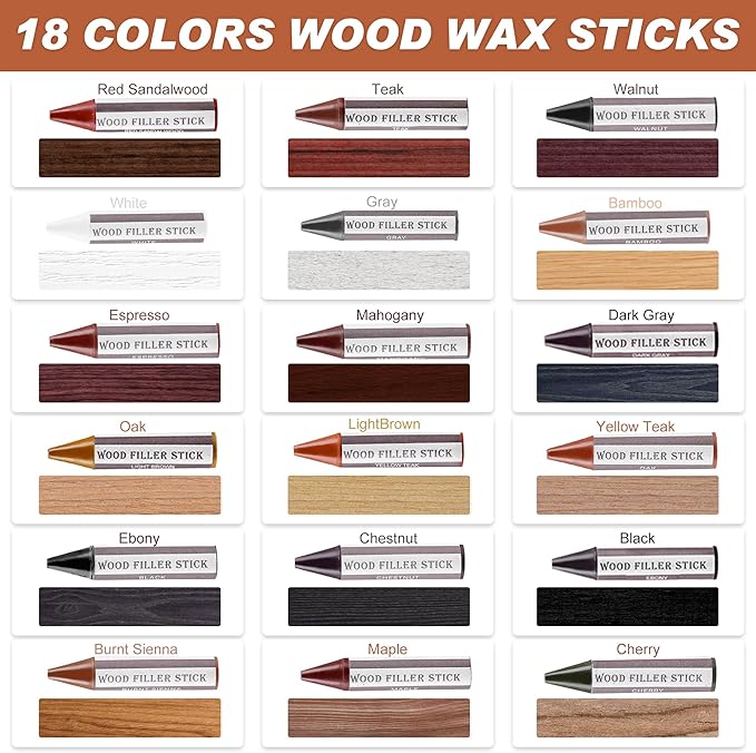 SEISSO Wood Furniture Scratch Repair Filler Sticks, 18 Colors Wax Sticks with Sharpener, Scratch/Dent/Crack/Mark/Stain Cover&Remover, Wood Touch Up Sticks for Floor, Table, Door, Cabinet (18 Color)