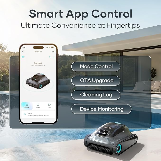 (2025 Upgrade) Aiper Scuba S1 Robotic Pool Cleaner, Wall & Waterline Cleaning, Double Filtration, Extended 180-Min Battery Life, Smart Navigation, App Support, OTA Upgrade (Renewed)