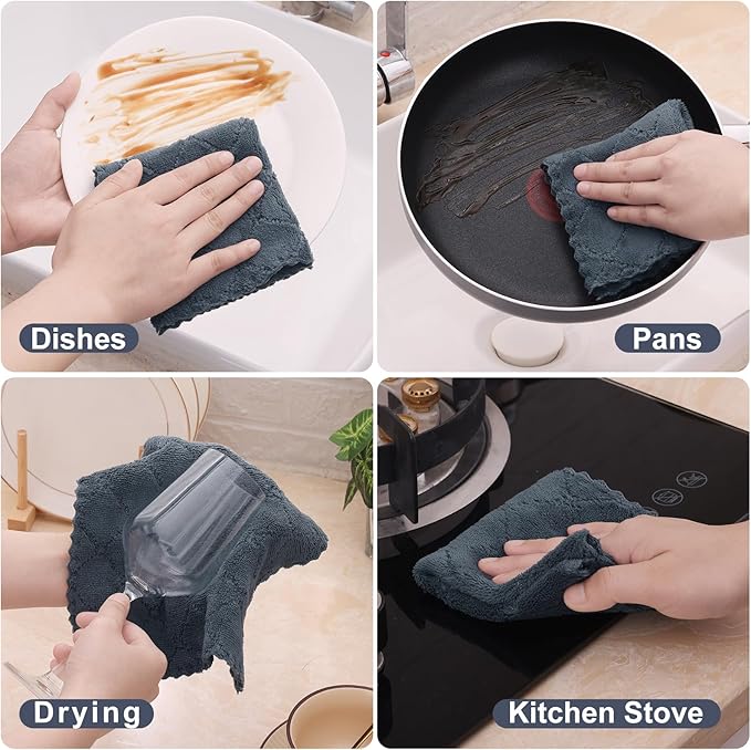 Homaxy 12 Pack Kitchen Dish Cloths (10 x 10 Inches, Dark Grey), Super Soft and Absorbent Coral Velvet Dish Towels, Nonstick Oil Fast Drying Microfiber Cleaning Cloth, No Lint Household Dishcloths