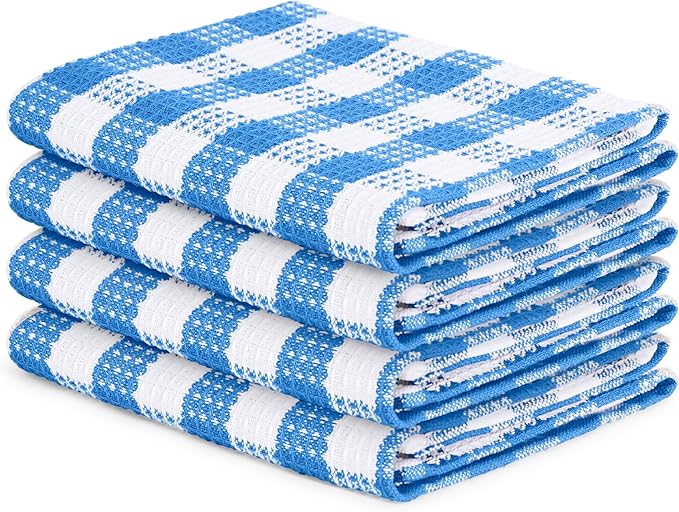 Blue Needles Waffle Weave Check Plaid Kitchen Towels, 15x25 Inches 100% Cotton Set of 4 Dish Towels for Kitchen, Soft & Absorbent for Quick Drying with Hanging Loop Spring Summer - Sky Blue & White