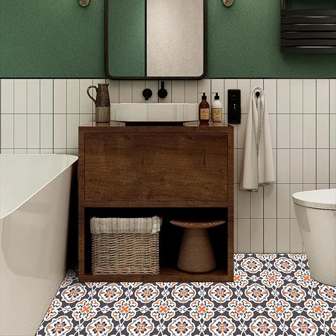 10PCS 12x12 Inch Vintage Floral Pattern Peel and Stick Floor Tiles Removable Self Adhesive Vinyl Flooring Stickers for Kitchen Entryway Balcony Coffee Corner Decor