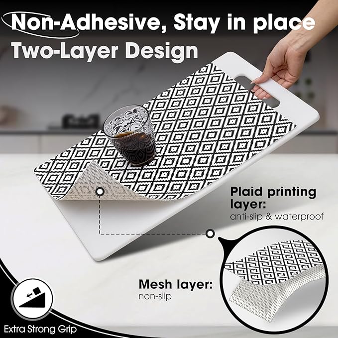 Drawer and Shelf Liner, Non-Slip Kitchen Cabinet Liners Non-Adhesive Thick Strong Grip Waterproof Washable Mats Protect Dresser Shelves Cupboard Bathroom Cabinets, Black & White, 24 in X 20 FT
