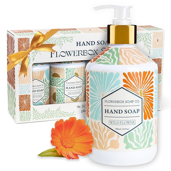FlowerBox Liquid Hand Soap with Pump – Set of 4 Scented, Decorative Hand Soap Dispensers for Bathroom and Kitchen – 500 mL Luxury Floral Mosaic Bottles, Gift Pack
