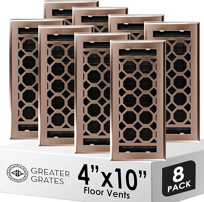 Floor Register 4x10 Vent Cover – 8 Pack – Heavy-Duty Steel, Rustproof & Walkable Grates, Drop-in Install, Adjustable Air Supply Switch - Decorative Honeycomb Design, Satin Bronze