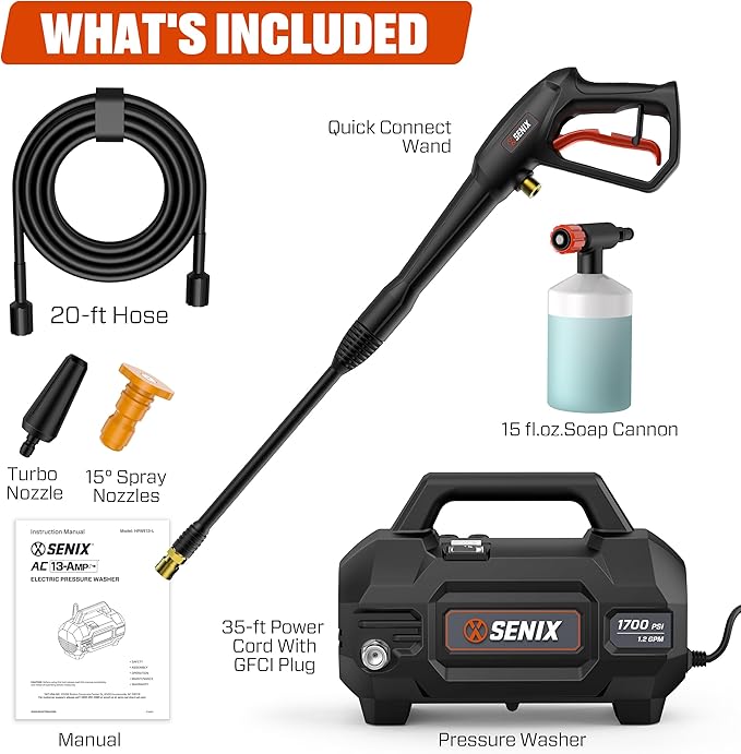 SENIX 13 Amp Electric Pressure Washer - 1700 PSI, 1.2 GPM, Compact with Foam Cannon, Spray Gun, 20-ft Hose, Turbo Nozzle, and 15° Spray Nozzles - Perfect for Cars and Driveways (HPWE13-L)