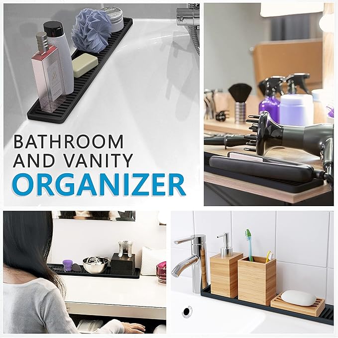 ZAPPOWARE Kitchen Sink Narrow Silicone Holder Tray 17.7"x3.1", Vanity & Bathroom Organizer, Black, Heat-Resistant Mat