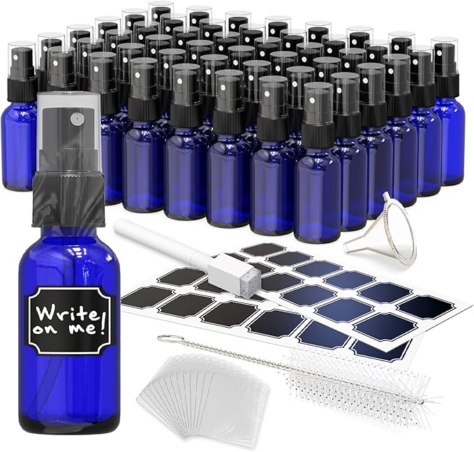 Nevlers Blue Glass Small Spray Bottle 1 Oz 48 Pack | Leakproof Glass Spray Bottles for Cleaning & More | Mini Spray Bottle Set w/Shrink Wrap, Funnel, Brush & Labels | Perfume Travel Refillable Bottles