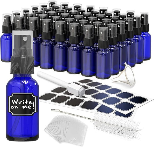 Nevlers Blue Glass Small Spray Bottle 1 Oz 48 Pack | Leakproof Glass Spray Bottles for Cleaning & More | Mini Spray Bottle Set w/Shrink Wrap, Funnel, Brush & Labels | Perfume Travel Refillable Bottles