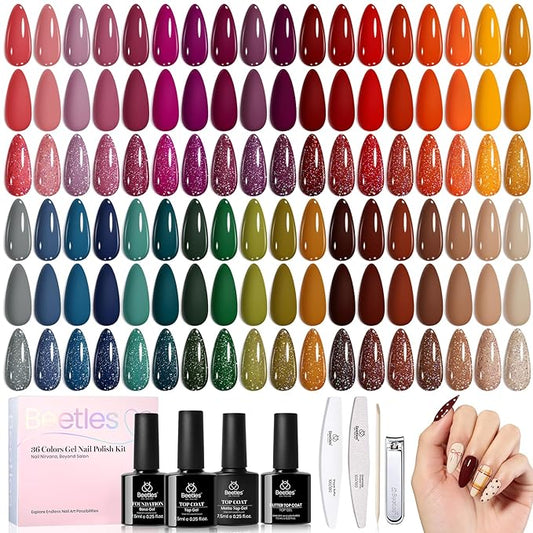 beetles Gel Polish Set - Waltz of Leaves Collection, 36 Trendy Colors Spring & Purple Green Colors Gel Polish Set With Base and Glossy Matte Glitter Top Coat Soak Off UV Led Holiday Nails