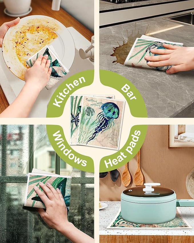 8 Pack Reusable Kitchen Swedish Dishcloths for Washing Dishes Absorbent Fast Drying Cleaning Sponge Cloths Cute Design Decorate Washable Swedish Towels, Blue Sea