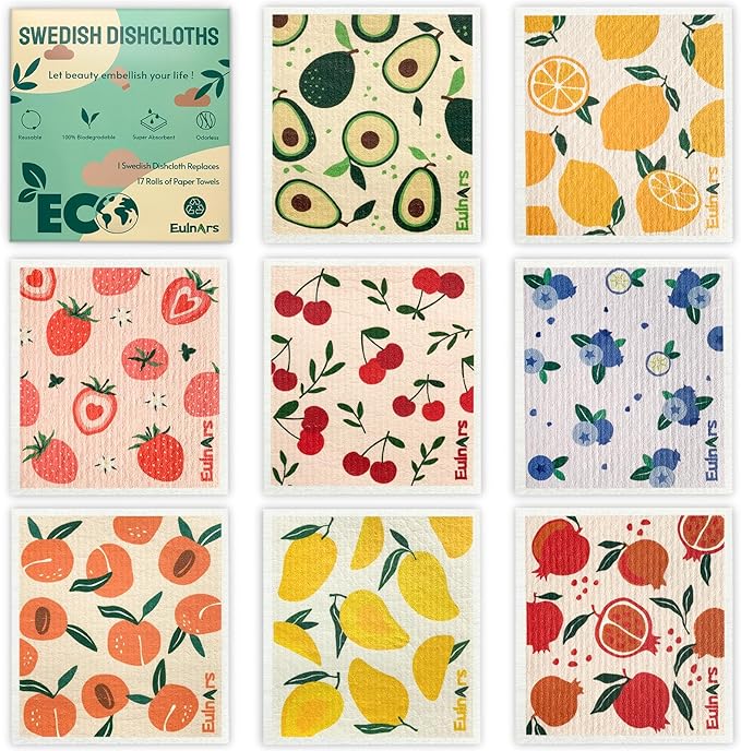 8 Pack Swedish Dishcloths for Kitchen, Fruit Swedish Dishcloths, Reusable Paper Towels Washable, Biodegradable, Non-Scratch Cellulose Sponge Cloths, No Odor