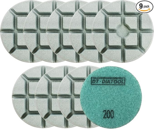 DT-DIATOOL 3 Inch Diamond Polishing Pads, 9pcs #200 Wet Polishing Hook and Loop Pads for Concrete Countertop