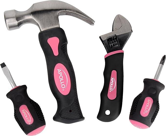 Apollo Tools 4 Piece Stubby Tool Set for Small Hands and Tight Spaces. Convenient, Compact Small Tool Set includes Mini Hammer, Mini Screwdriver Set, Mini Wrench - Pink Ribbon - Pink - DT0240P