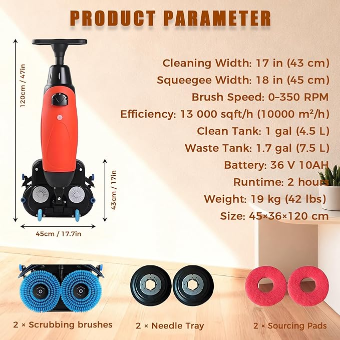 Cordless Electric Floor Scrubber & Polisher, 17” Path, Double Brushes, 360° Swivel Head, Ideal for Commercial Retail & Office Cleaning, Heavy-Duty Performance