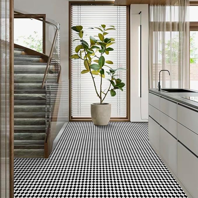 Elffloor Peel and Stick Floor Tile: 30pc 11.8 * 11.8in Self-Adhesive Waterproof Vinyl Flooring Black and White Tiles Sticker for Bathroom, Kitchen, Bedroom, Living Room