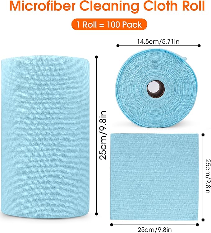 Microfiber Cleaning Cloth Roll - 100 Pack Tear Away Microfiber Paper Towels, Reusable, Washable, Scratch-Free, Kitchen Towels for Car, Home, Kitchen, Glass, Dishes (Blue)