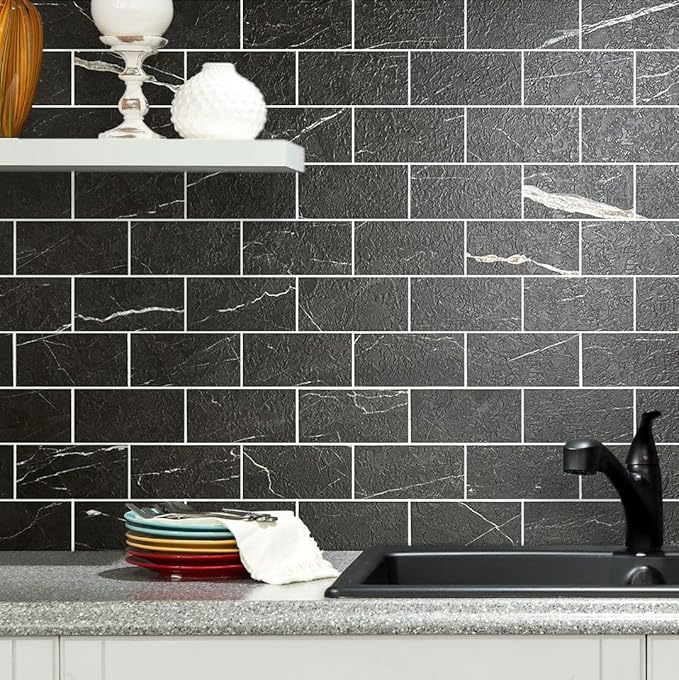 AULIGET 100 Piece Faux Stone Backsplash Peel and Stick PVC Tile, 3 Inch x 6 Inch Black Marble with White Grout Stick on Tiles for Backsplash Kitchen, Bathroom, Laundry Room, Camper, Fireplace