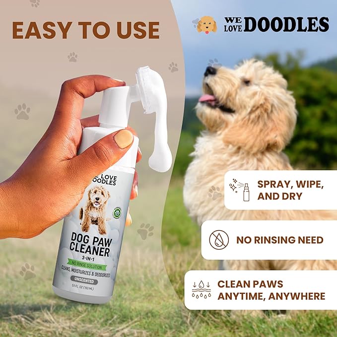 No-Rinse Dog Paw Cleaner with Built-in Silicone Bristle Brush | 3-in-1 Dirty Paw Washer Foaming Foot Cleaner for Muddy Pet Dogs & Cats | Gentle Moisturizing Waterless Shampoo - Unscented | 5 fl oz