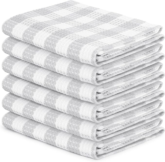 Blue Needles Waffle Weave Check Plaid Kitchen Towels, 15x25 Inches 100% Cotton Set of 6 Dish Towels for Kitchen, Soft & Absorbent for Quick Drying with Hanging Loop Spring Summer - Ash Grey & White