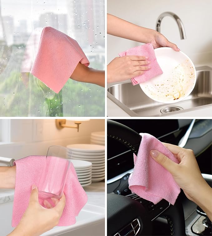 Microfiber Cleaning Cloth Roll - 100 Pack Tear Away Microfiber Paper Towels, Reusable, Washable, Scratch-Free, Kitchen Towels for Car, Home, Kitchen, Glass, Dishes(Pink)