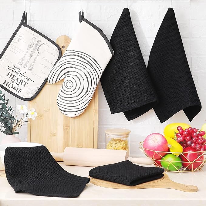 Homaxy 100% Cotton Waffle Weave Kitchen Dish Cloths, Ultra Soft Absorbent Quick Drying Dish Towels, 12 x 12 Inches, 18-Pack, Black