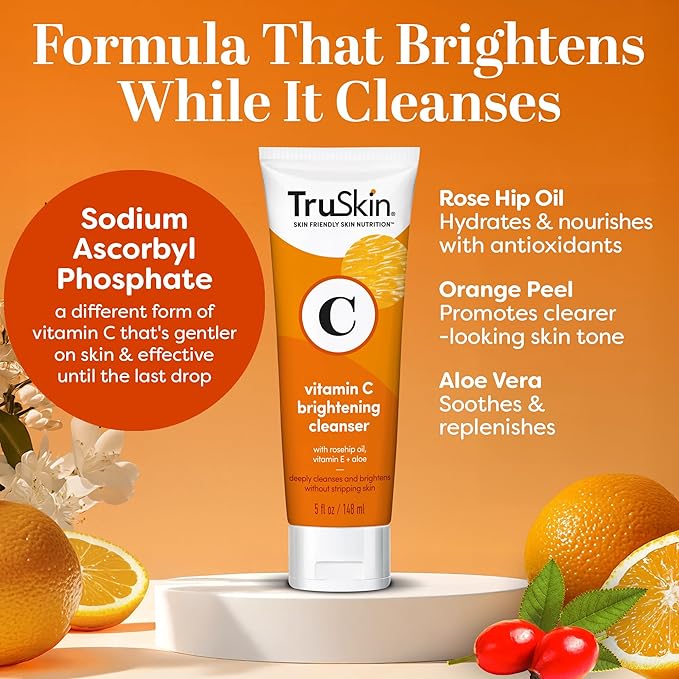 TruSkin Vitamin C Face Wash Cleanser - Brightening Facial Cleanser with Vitamins C & E, Rosehip Oil, Aloe Vera & MSM - Gently Cleanses, Refreshes & Supports Radiant Skin - 5 fl oz