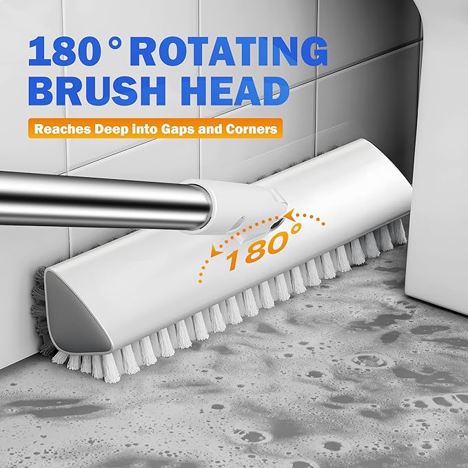Grout Brush with Long Heavy Duty Handle, 180° Swivel Floor Scrub Brush, V-Shaped Grout Line Scrubber with Stiff Bristles, Cleaning Brush for Deep Cleaning Tile Grout, Shower, Kitchen, and Concrete
