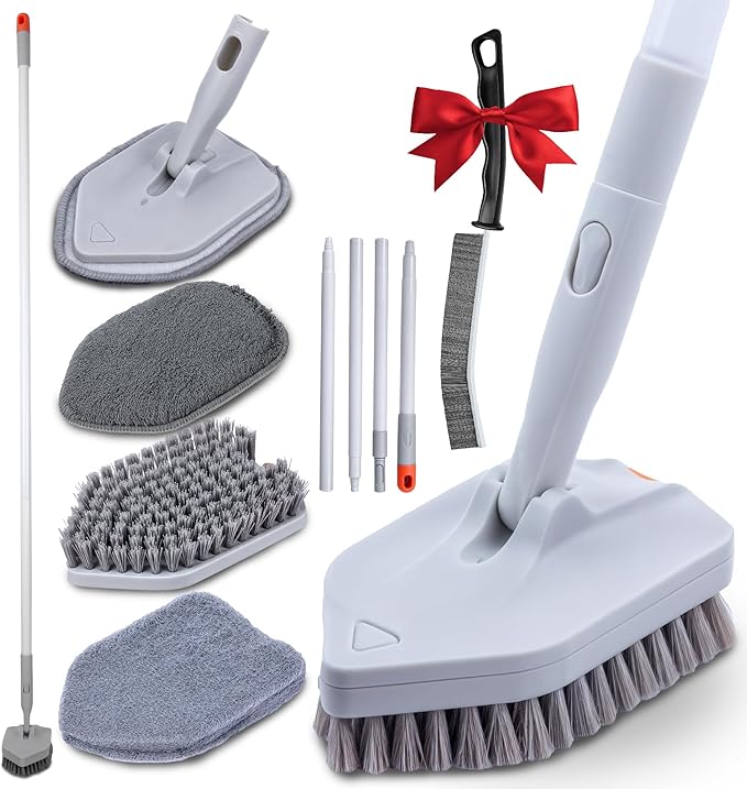 DSV Standard Tile Tub Scrubber Brush Shower Scrubber with Long Handle, 3-in-1 Cleaning Brush with 3 Detachable No Scratch Brush Heads, 56’’ Scrub Brush for Shower, Bathroom, Wall, Kitchen, Sink,Toilet
