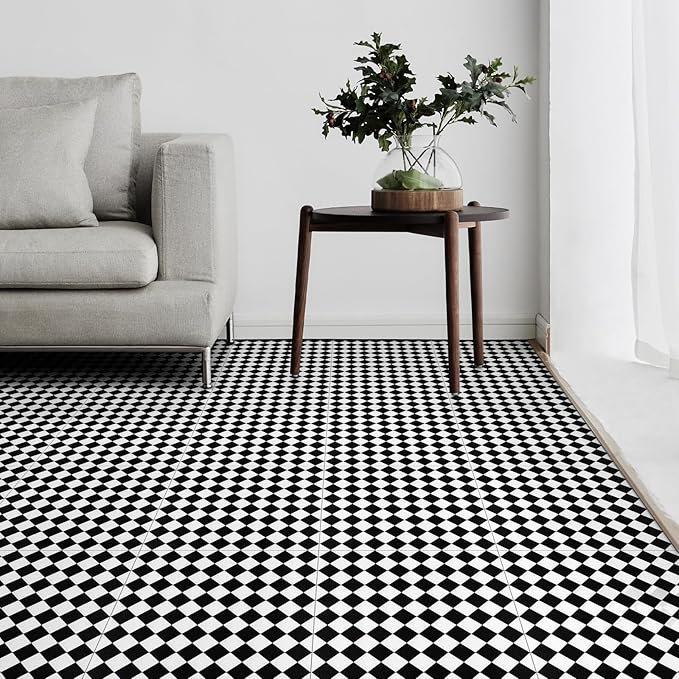Elffloor Peel and Stick Floor Tile: 10pc 11.8 * 11.8in Self-Adhesive Waterproof Vinyl Flooring Black and White Tiles Sticker for Bathroom, Kitchen, Bedroom, Living Room ﻿