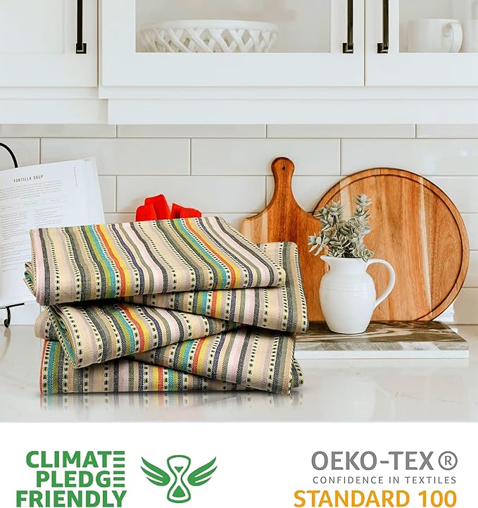 Urban Villa Kitchen Towels Beige Stripes Dish Towels for Kitchen Set of 6 20x30 inches 100% Cotton Highly Absorbent Dish Cloths & Dish Towels with Hanging Loop Bar Hand Tea Towels